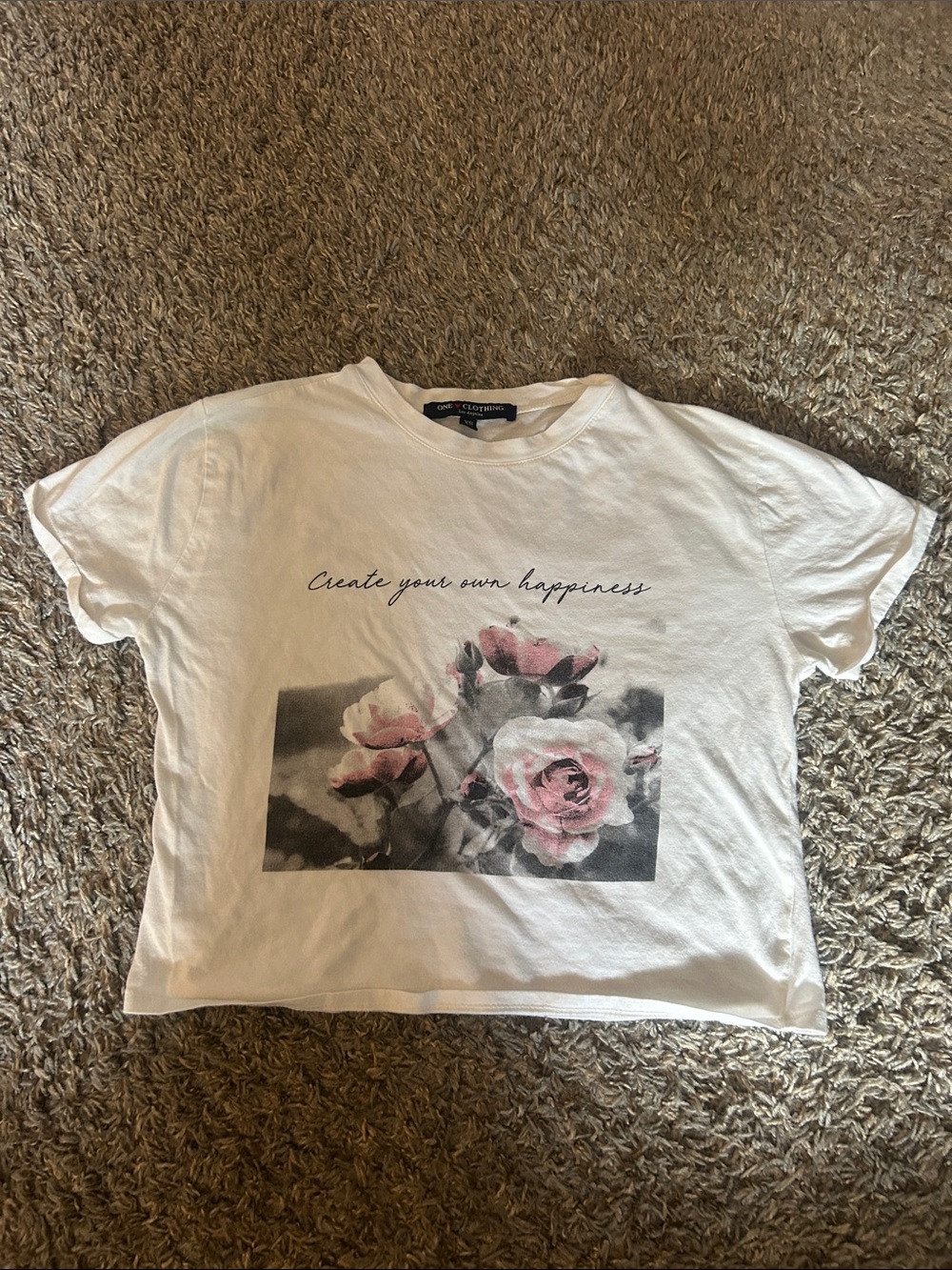 one clothing White Crop Tee with Pink Rose Graphic